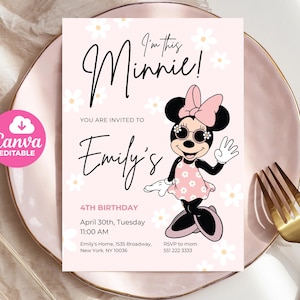 Minnie mouse Birthday Invitation, 4th Birthday Template, Minnie mouse 4 year old invitation digitally editable in canva
