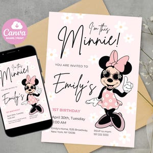 Editable Minnie Mouse Birthday Invitation, Minnie Mouse Birthday, 1st Birthday, Girls Minnie Invitations Boho Minnie Invite