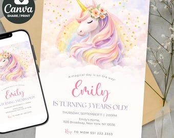 Editable Unicorn Birthday Invitation Magical Pastel Rainbow Unicorn Birthday Party Whimsical Fairytale Unicorn Princess Canva Template