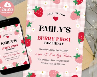 Berry First Birthday Invitation, Editable 1st Birthday Girl Invite, Printable Strawberry First Birthday Girl Invitation Template Canva