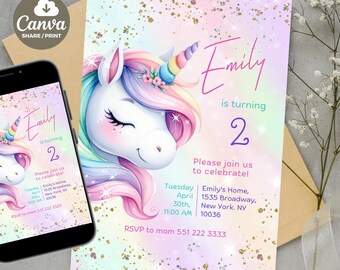 Unicorn Birthday Invitation | Pastel Rainbow Party Invite | Sparkle Design | Downloadable Printable Canva Template for Girls