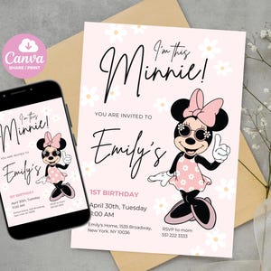 Editable Minnie Mouse Birthday Invitation, Minnie Mouse Birthday, 1st Birthday, Mouse Birthday Invite, Girls minnie invitations Boho Minnie