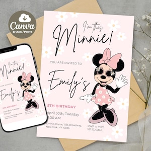 Editable Light Pink Minnie Mouse Birthday Invitation, Printable Invitation, Girls Watercolor Birthday Invitation, Pink Minnie Invitation