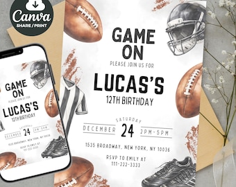Editable Football Birthday Invitation, American Football Invitation, Sports Theme Style Party Invitation, Any Age, Printable Invite, Canva