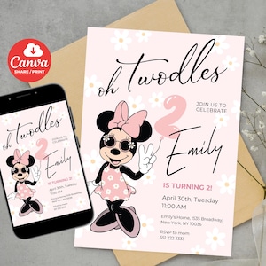 Editable Oh TWOdles Birthday Invitation Digital 2nd Birthday Cute Mouse Second Birthday Invite Oh Twodles Invitation Boho Minnie Invite