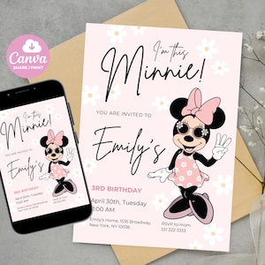 I&#39;m This Minnie Birthday Invitation, Third Birthday Invite, Editable Canva Template Boho Minnie Invite