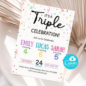 Join Party Birthday Invitation, Three Sibling Birthday Party, Triple Birthday Invitation, Join Birthday Party invite Editable Canva Template