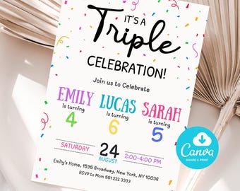 May include: A white invitation card with the text "It's a Triple Celebration!" and colorful confetti. The card lists three names, ages, and the date August 24th. A Canva logo is in the bottom right corner.
