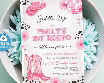First Rodeo Birthday Invitation, Editable My 1st Rodeo Girl Cowgirl Invites, First Rodeo Invite, 5x7 Canva