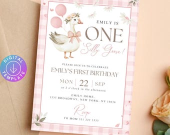 Zaproszenie na pierwsze urodziny „One Silly Goose”, edytowalny szablon, zaproszenie na imprezę w różową kratkę gingham, motyw vintage z kokardą kwiatową, pierwsze urodziny dziewczynki