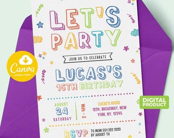 Simple Colorful Birthday Invite, Bright and cheerful party, Invitations, Editable Template, Printable Invitation, Instant Download