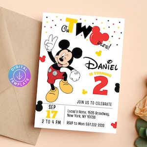 May include: A digital template invitation for a second birthday celebration. The invitation features Mickey Mouse, the text "Oh Two Dles!", the name "Daniel", and the date September 17th. The invitation is in a white background with a brown envelope.