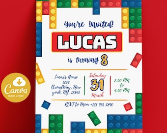 Building Block Party Editable Invitations Bricks Birthday Printable Invitation Editable Template Instant Download