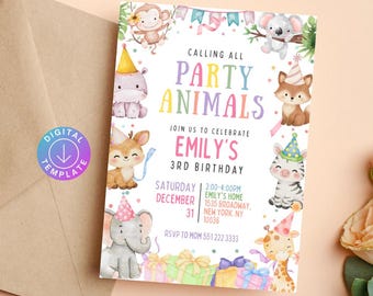 Calling All Party Animals Invitation, Party Animal Kids Birthday Invite, Cute Animals in Birthday Hats, Editable in Canva