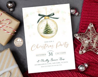 May include: A Christmas party invitation featuring a watercolor illustration of a Christmas ornament with a tree inside. The invitation includes the text "Join for a Christmas Party" and event details. The invitation is surrounded by Christmas decorations.
