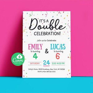 May include: A white invitation card with the text "It's a Double Celebration!" in black script. The card announces a party for Emily, turning 4, and Lucas, turning 6, on August 24th. Colorful confetti and a Canva logo are also present.