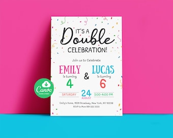 Join Party Birthday Invitation, Sibling Birthday Party, Double Birthday Invitation, Join Birthday Party invite Editable Canva Template