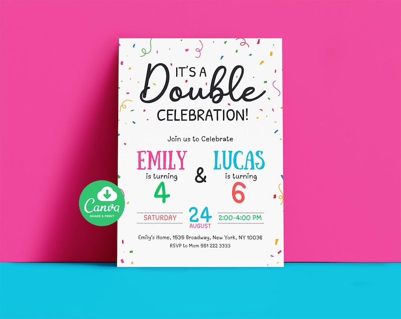 May include: A white invitation card with the text "It's a Double Celebration!" in black script. The card announces a party for Emily, turning 4, and Lucas, turning 6, on August 24th. Colorful confetti and a Canva logo are also present.