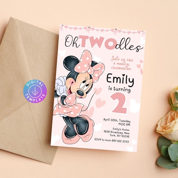 Editable Oh TWOdles Birthday Invitation Digital 2nd Birthday Cute Mouse Second Birthday Invite Oh Twodles Invitation Boho Minnie Invite