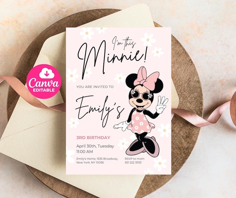 May include: A pink invitation card with the text "I'm this Minnie!" and "Emily's 3rd Birthday". The card features a Minnie Mouse illustration wearing sunglasses and a pink dress. White daisy accents surround the text.