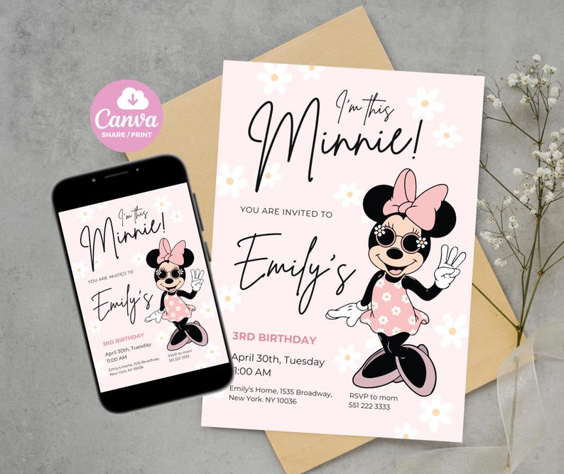 May include: A pink birthday invitation featuring Minnie Mouse with sunglasses, a pink bow, and a daisy-patterned dress. The invitation includes the text "I'm this Minnie!" and details for Emily's 3rd birthday.