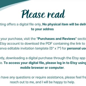 K&ouml;nnte beinhalten: Wei&szlig;es Informationsblatt f&uuml;r digitale Dateien mit t&uuml;rkisfarbenen Akzenten. Der Text lautet "Bitte lesen" und enth&auml;lt Anweisungen zum Zugriff auf eine digitale Einladungsvorlage nach dem Kauf. Gr&ouml;&szlig;enangaben enthalten.
