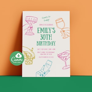Editable Birthday Party Invitation, Hand Drawn Scribble Cocktail Invitation, 30th, 40th, 50th, Birthday Invite, Printable Canva Template