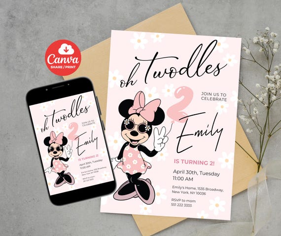 Editable Oh TWOdles Birthday Invitation Digital 2nd Birthday Cute Mouse Second Birthday Invite Oh Twodles Invitation Boho Minnie Invite