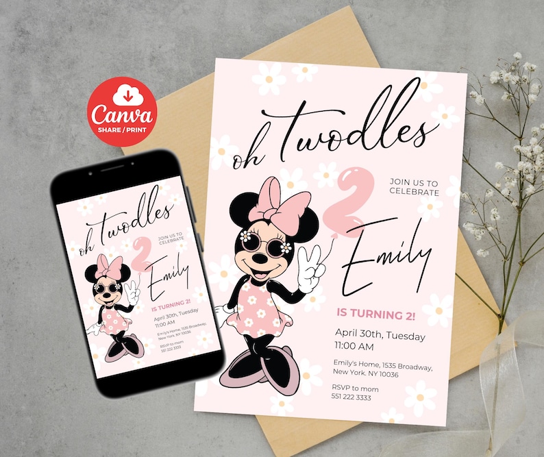 K&ouml;nnte beinhalten: Rosa Geburtstagseinladung mit Minnie Mouse-Illustration, Text "oh twodles" und Veranstaltungsdetails. Ein Smartphone zeigt das gleiche Design. Die Einladung hat ein G&auml;nsebl&uuml;mchenmuster und ein Canva-Symbol.