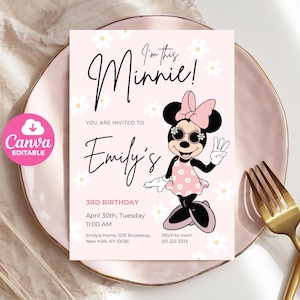 May include: A pink birthday invitation featuring Minnie Mouse in a pink dress and sunglasses. The invitation includes the text "I'm this Minnie!" and details for Emily's 3rd birthday, including the date, time, and location.
