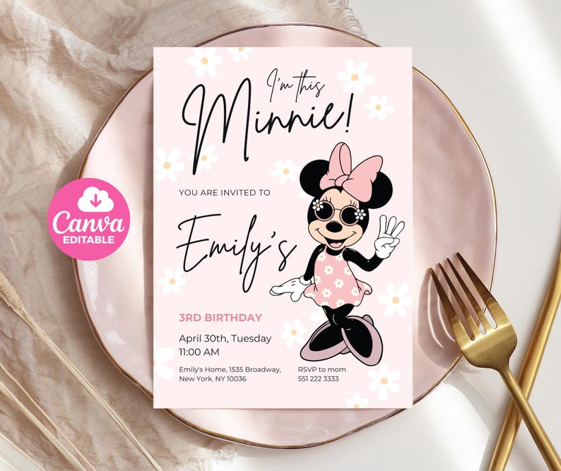 May include: A pink birthday invitation featuring Minnie Mouse in a pink dress and sunglasses. The invitation includes the text "I'm this Minnie!" and details for Emily's 3rd birthday, including the date, time, and location.