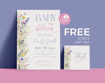 Baby in Bloom Invitation, Wildflowers Baby Shower Invitation, Purple Pink Flower Invitation, Wild Flower Invite, Floral Baby Brunch Invite