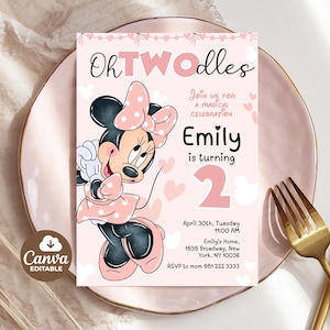 May include: A pink invitation card with a Minnie Mouse illustration, designed for a second birthday celebration. The card features the text "Oh TWOdles" and event details, including the date, time, and location.