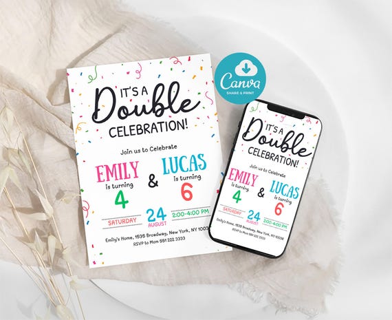 Join Party Birthday Invitation, Sibling Birthday Party, Double Birthday Invitation, Join Birthday Party invite Editable Canva Template