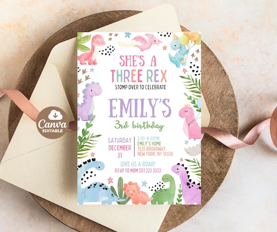 Editable Dinosaur Birthday Dinosaur Birthday Invitation, Three Rex Birthday Girl Invitation, Pastel Cute Dinosaur Party Invite, 5x7 Invites