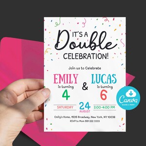 May include: A birthday invitation with the text "It's a Double Celebration!" featuring the names Emily and Lucas, who are turning 4 and 6, respectively. The invitation includes the date, time, and location, with colorful confetti accents.