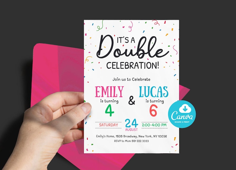 May include: A birthday invitation with the text "It's a Double Celebration!" featuring the names Emily and Lucas, who are turning 4 and 6, respectively. The invitation includes the date, time, and location, with colorful confetti accents.