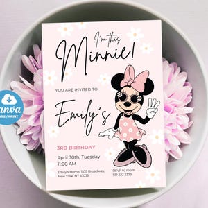 May include: A pink invitation card with the text "I'm this Minnie!" and "Emily's 3rd Birthday". It features a cartoon Minnie Mouse wearing sunglasses and a pink dress. White daisy accents surround the text and image.