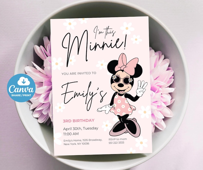 May include: A pink invitation card with the text "I'm this Minnie!" and "Emily's 3rd Birthday". It features a cartoon Minnie Mouse wearing sunglasses and a pink dress. White daisy accents surround the text and image.