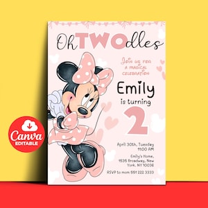 May include: A pink invitation with the text "Oh TWOodles" and a cartoon illustration of Minnie Mouse. The invitation is for Emily's second birthday, with the date, time, and location details included. The Canva logo is in the bottom left corner.