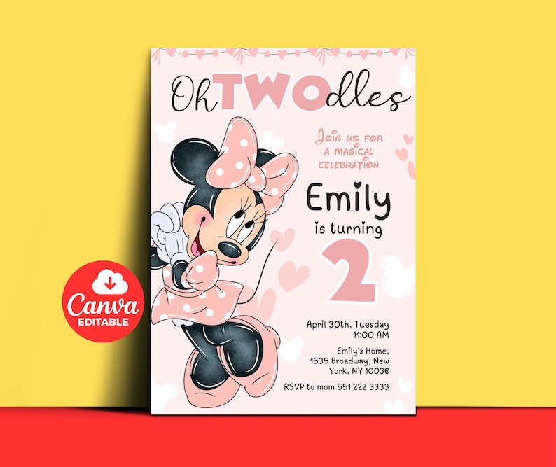 May include: A pink invitation with the text "Oh TWOodles" and a cartoon illustration of Minnie Mouse. The invitation is for Emily's second birthday, with the date, time, and location details included. The Canva logo is in the bottom left corner.
