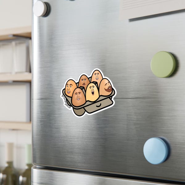 Nicolas Cage-Free Eggs Vinyl Sticker | Funny Celebrity Food Pun | Famous Actor Wordplay Decal