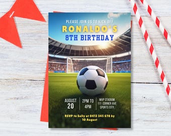 May include: A soccer-themed birthday invitation featuring a soccer ball on a green field in front of a stadium. The invitation reads "RONALDO'S 8TH BIRTHDAY" with event details. Red and white striped straws and a red pennant banner are in the background.