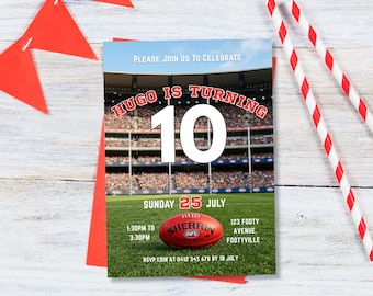May include: A birthday invitation with the text "HUGO IS TURNING 10" over a stadium image. The invitation includes the date, time, and RSVP information. Red and white striped straws and red triangle flags are in the background.