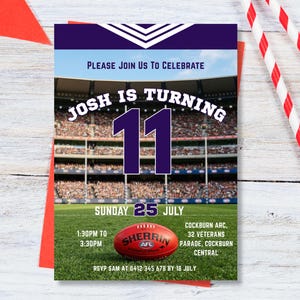 May include: A birthday invitation card featuring a stadium background, a large number 11, and a red Sherrin AFL football. The text reads: Please Join Us To Celebrate, Josh Is Turning 11, Sunday 25 July, 1:30pm to 3:30pm, Cockburn Arc, 32 Veterans Parade, Cockburn Central, RSVP Sam at 0412 345 678 by 18 July.