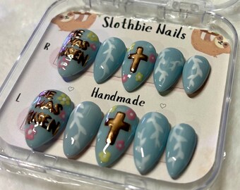 Faith in Bloom Press On Nails Blue Floral Cross Gold Handmade Set