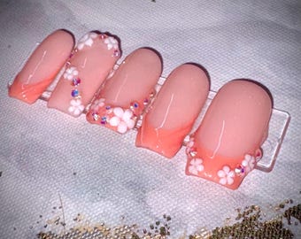 Peach Daydream Floral French Tips | Peach Flower Press Ons | Handmade Spring Manicure