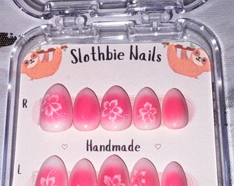 Petal Glow Pink Aura Press On Nails | Hibiscus Floral Handmade Nail Set