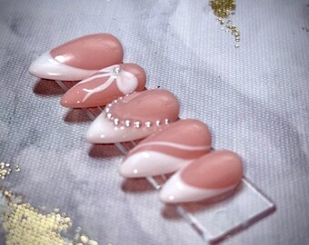 Soft Devotion Press On Nails, Blush French Tip Pearl Swirl Minimal Elegant Set