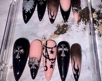 Midnight Devotion Gothic Cross Press On Nails | Black Celestial Stiletto Nail Set